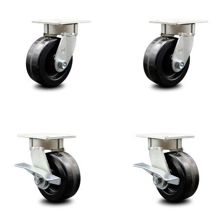 Service Caster 5 Inch Kingpinless Phenolic Wheel Swivel Caster Set with 2 Brakes SCC-KP30S520-PHR-2-SLB-2